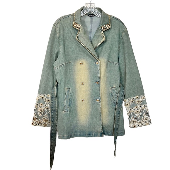 Vintage Kaity Jean Jacket Belted Button Front Bead Lace Sleeve Size Medium - Picture 15 of 16